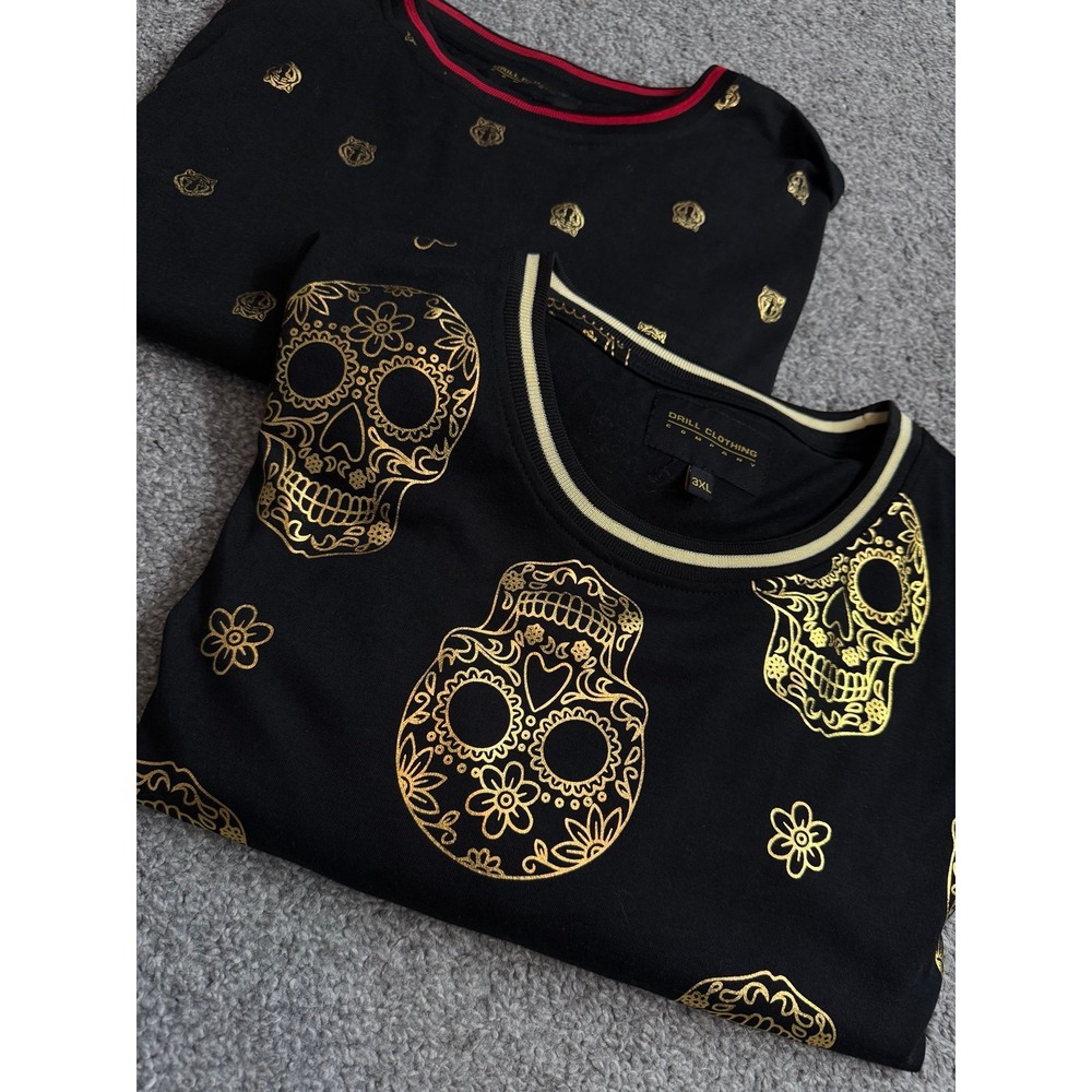Drill Clothing Co Mens T-Shirt Bundle Sugar Skull Crown Black Gold 2XL 3XL